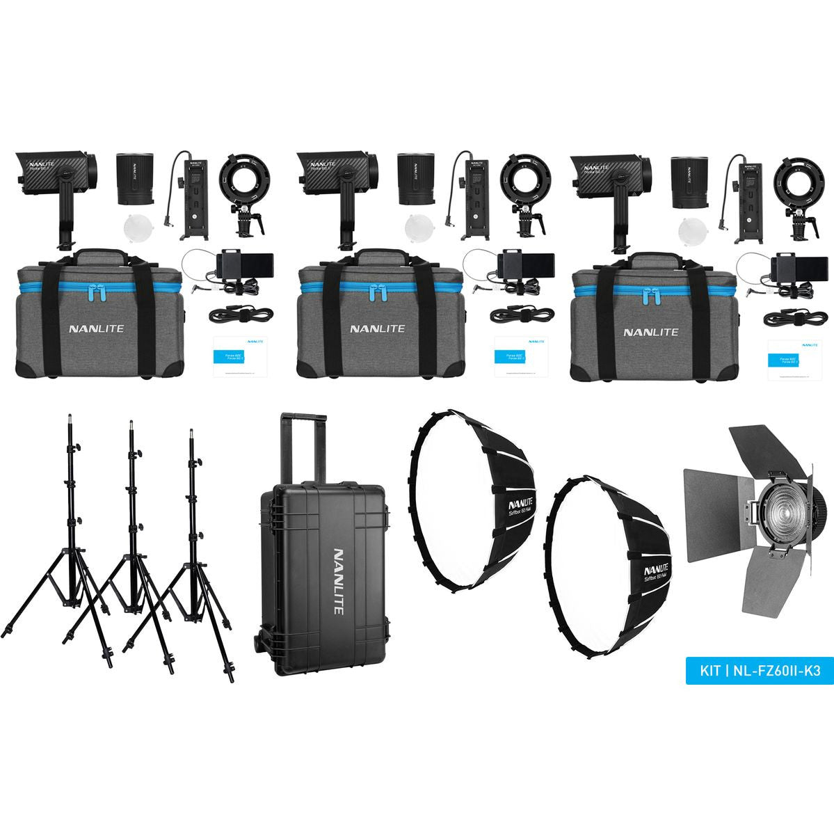 Nanlite Forza 60 II LED Tripple Kit (w/ Case Light Stand Fresnel And Softbox)