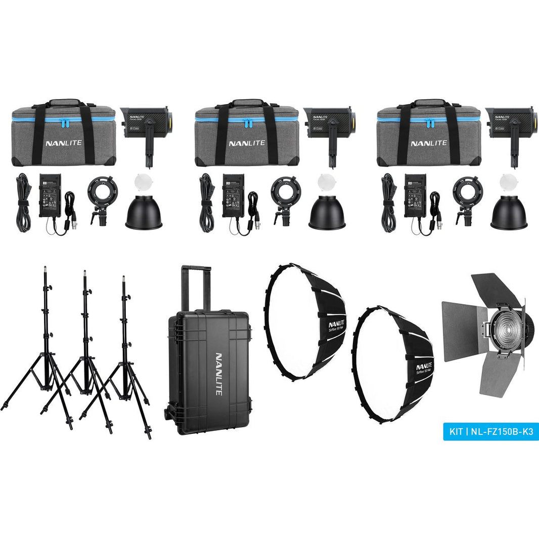Nanlite Forza 150B Bi-Colour LED Triple Kit + Case Light Stand Fresnel + Softbox