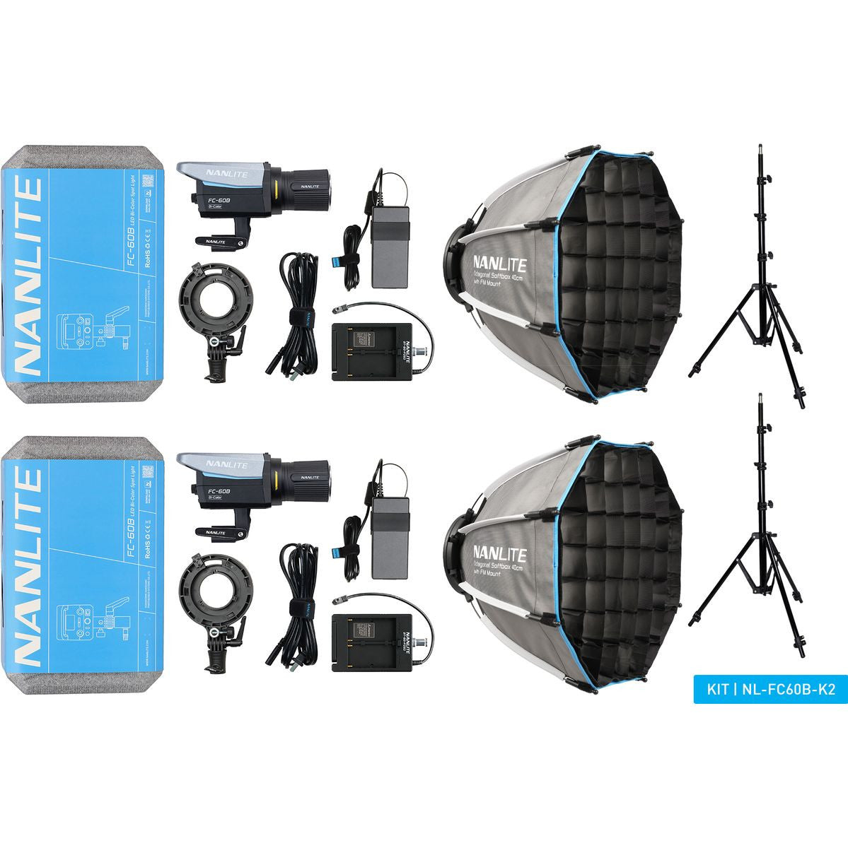 Nanlite FC-60B LED Bi-Colour Spot Light Dual Kit (w/ Light Stand And Softbox)