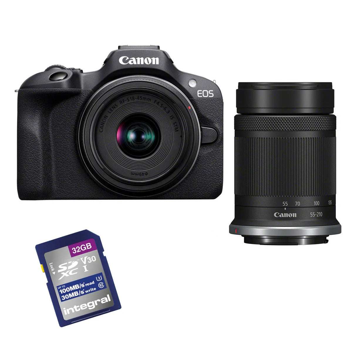 Canon EOS R100 + RF-S 18-45mm IS STM + RF-S 55-210mm f5-7.1 IS STM + 32 Gb