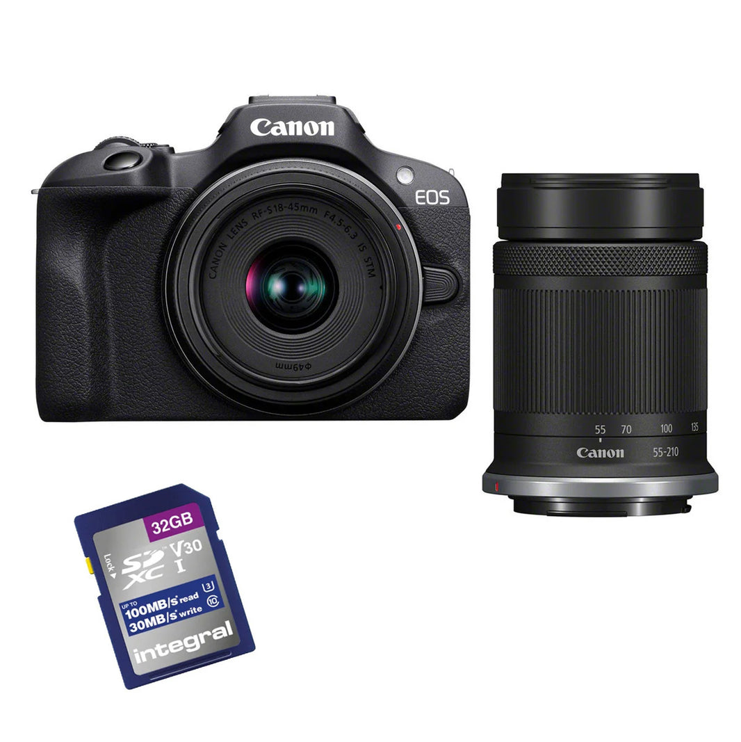 Canon EOS R100 + RF-S 18-45mm IS STM + RF-S 55-210mm f5-7.1 IS STM + 32 Gb